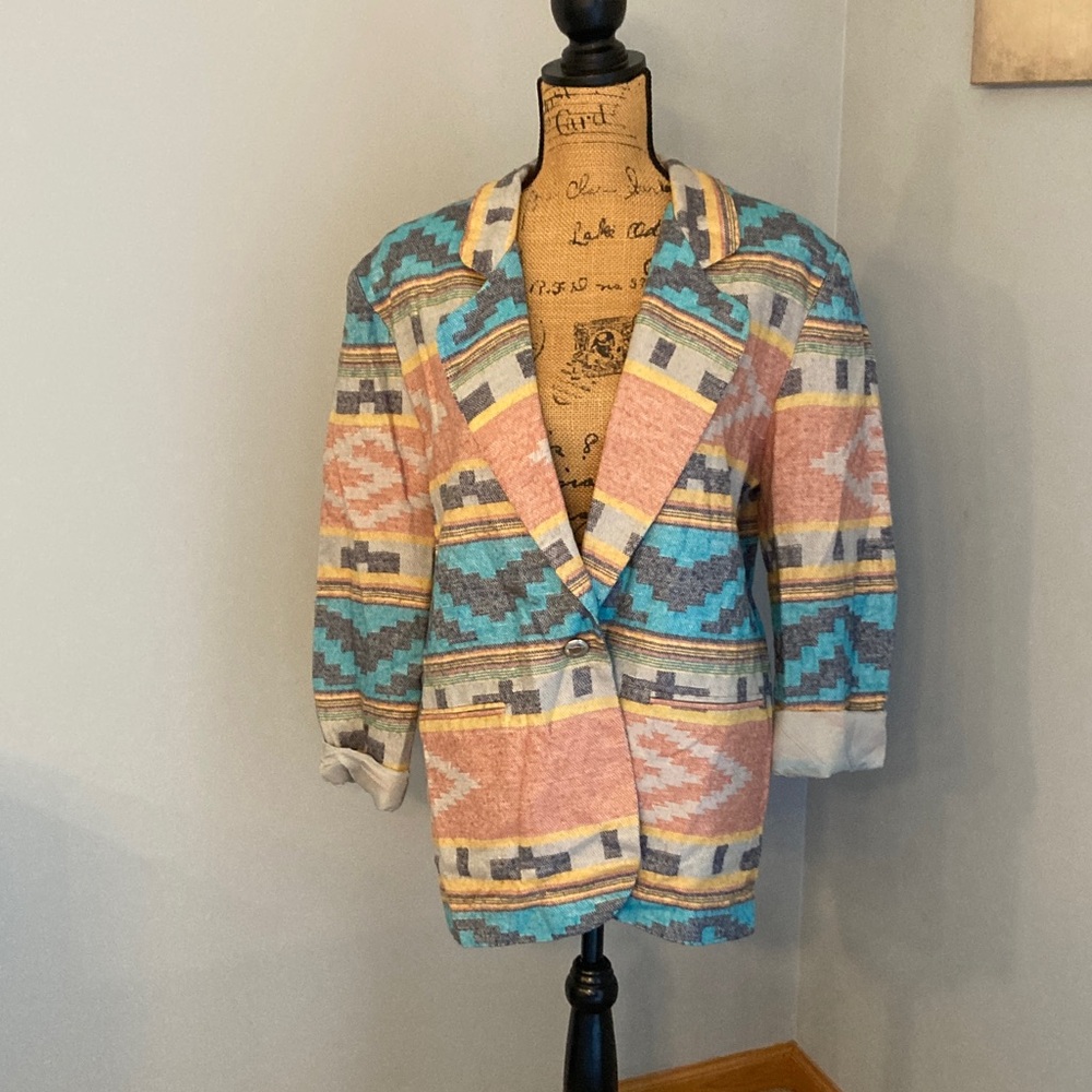 Bill Blass Vintage Southwestern Colorful Geometric Patterned Blazer Women Size L